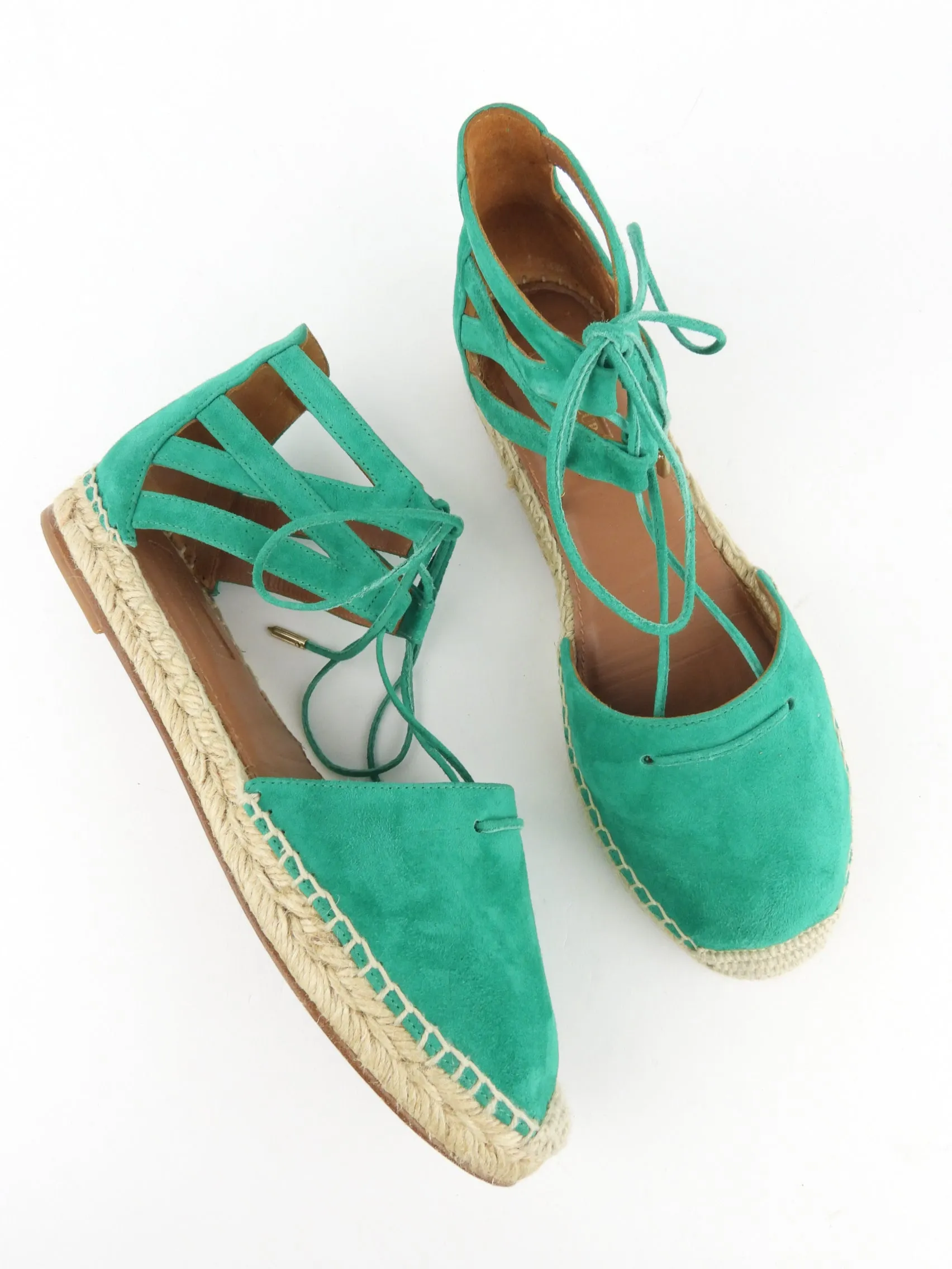 Aquazzura Green Suede Leather Belgravia Flat Espadrille Sandals - 38