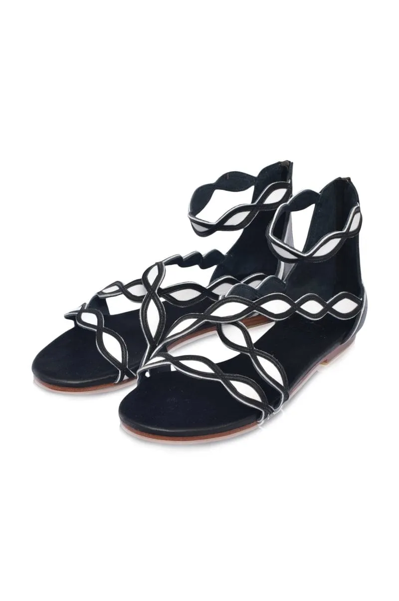 Blossom Leather Sandals in Black and White