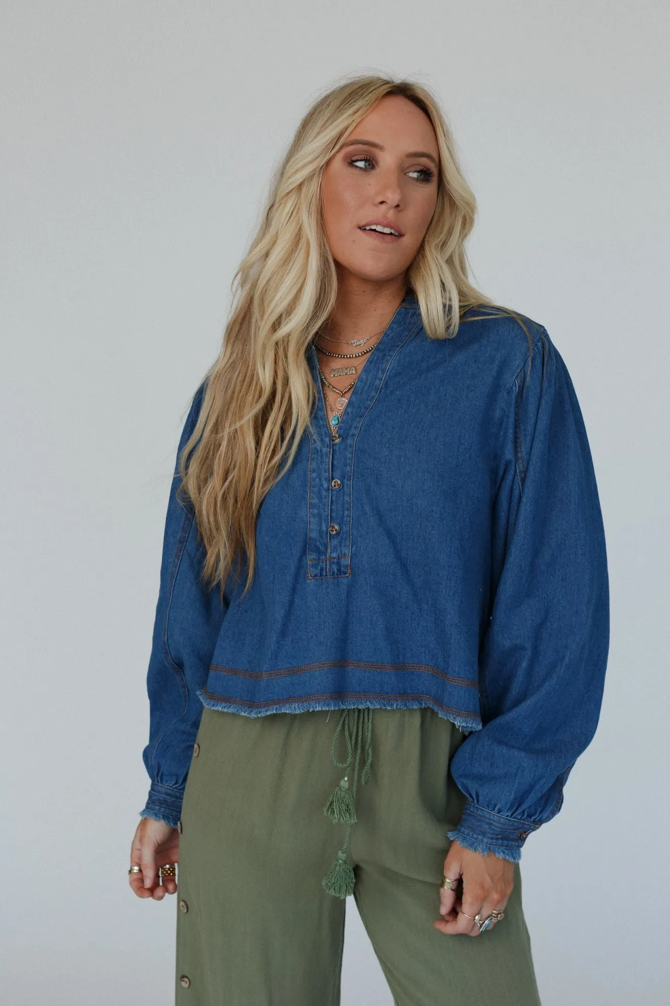 Blue Sky Denim Henley Top - Dark Denim