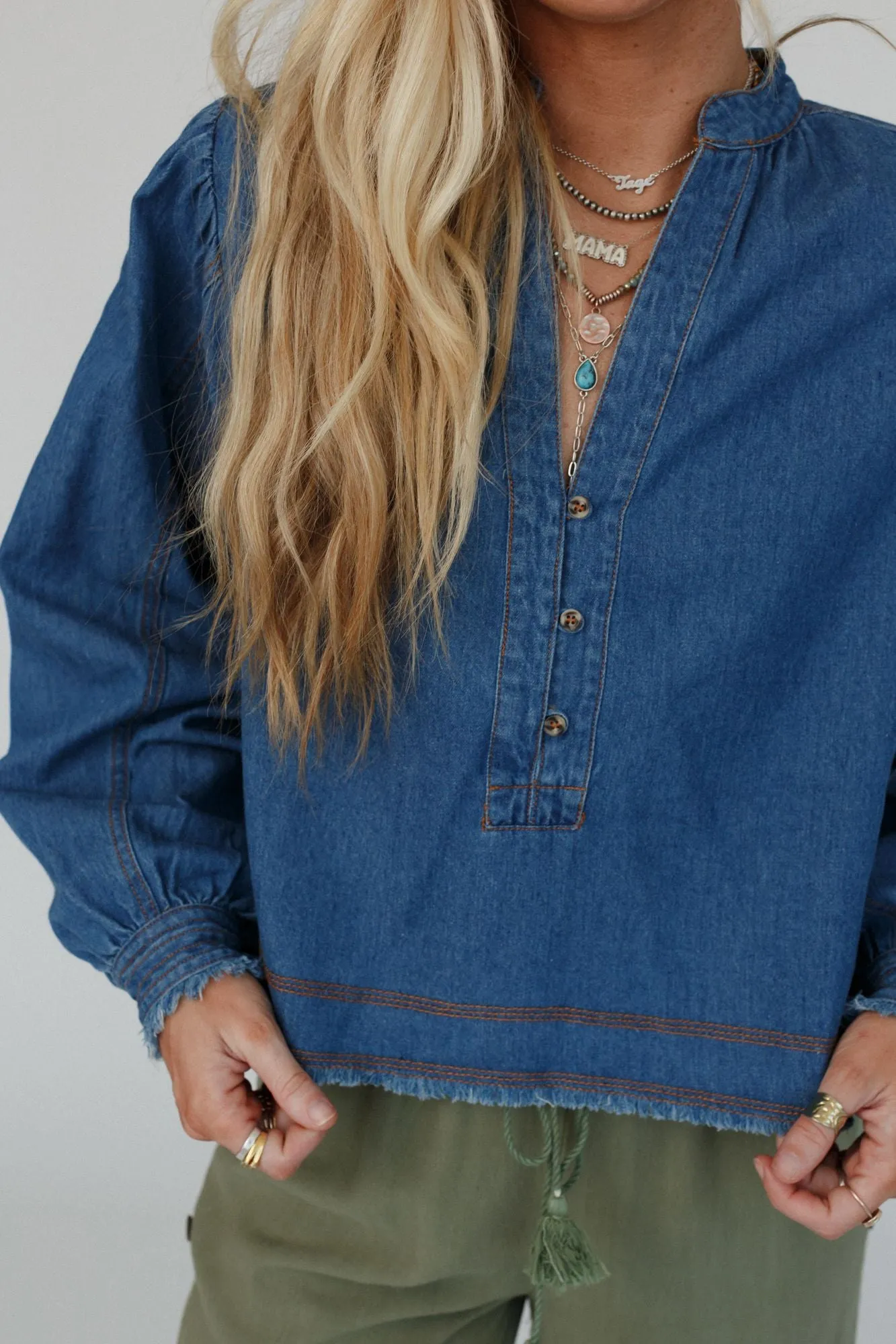 Blue Sky Denim Henley Top - Dark Denim