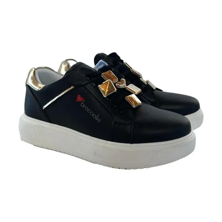 Braccialini BB104 Scarpe Donna Sneakers Platform Gioiello Nero Oro