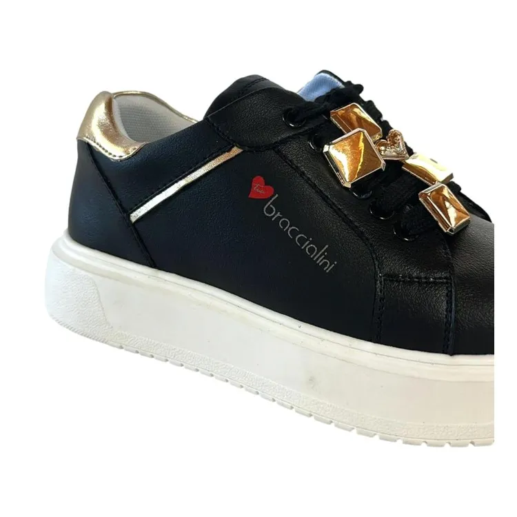 Braccialini BB104 Scarpe Donna Sneakers Platform Gioiello Nero Oro