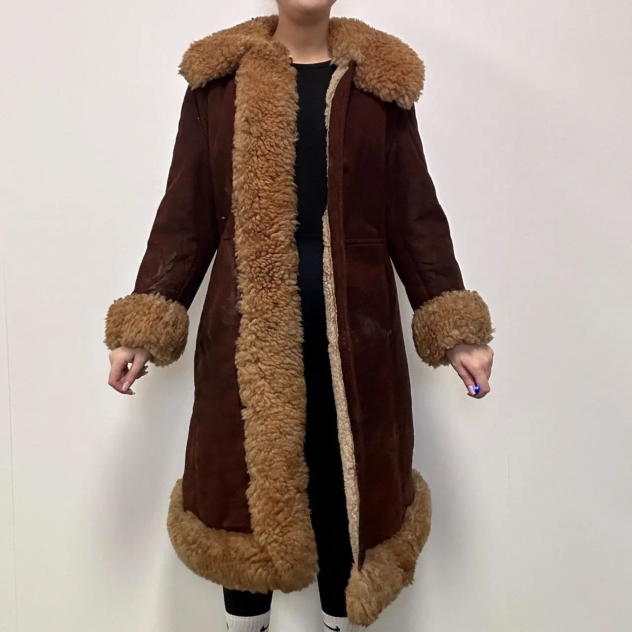 Brown Genuine Sheepskin Shearling Suede Coat - Medium