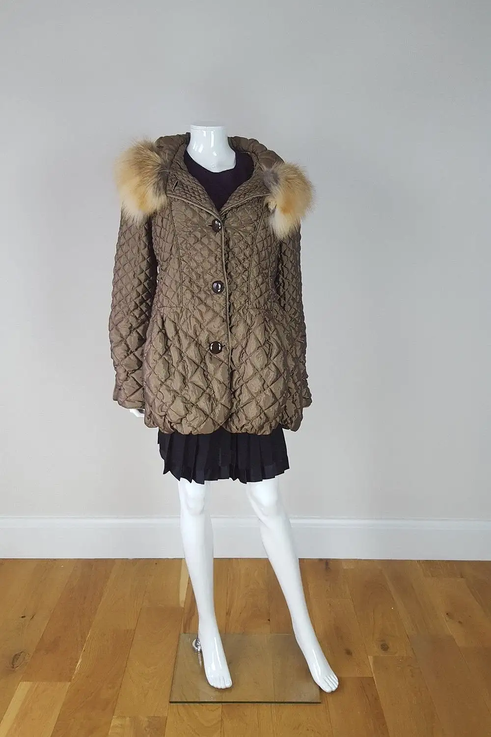 CARLA BUTTI Brown Quilted Padded Fur Trim Coat (44)