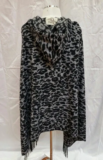 CLEARANCE Cripple Creek Open Front Black and Grey Leopard Print Poncho