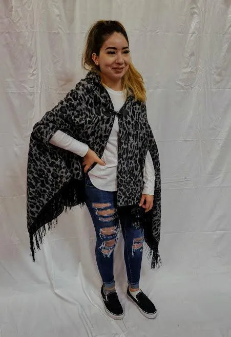 CLEARANCE Cripple Creek Open Front Black and Grey Leopard Print Poncho