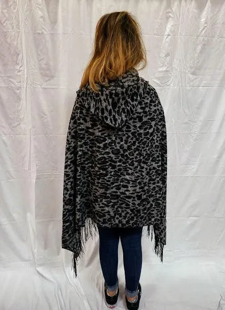 CLEARANCE Cripple Creek Open Front Black and Grey Leopard Print Poncho