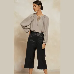 Current Air Vegan Leather Quilted Wide Leg  Cropped Pants in Black