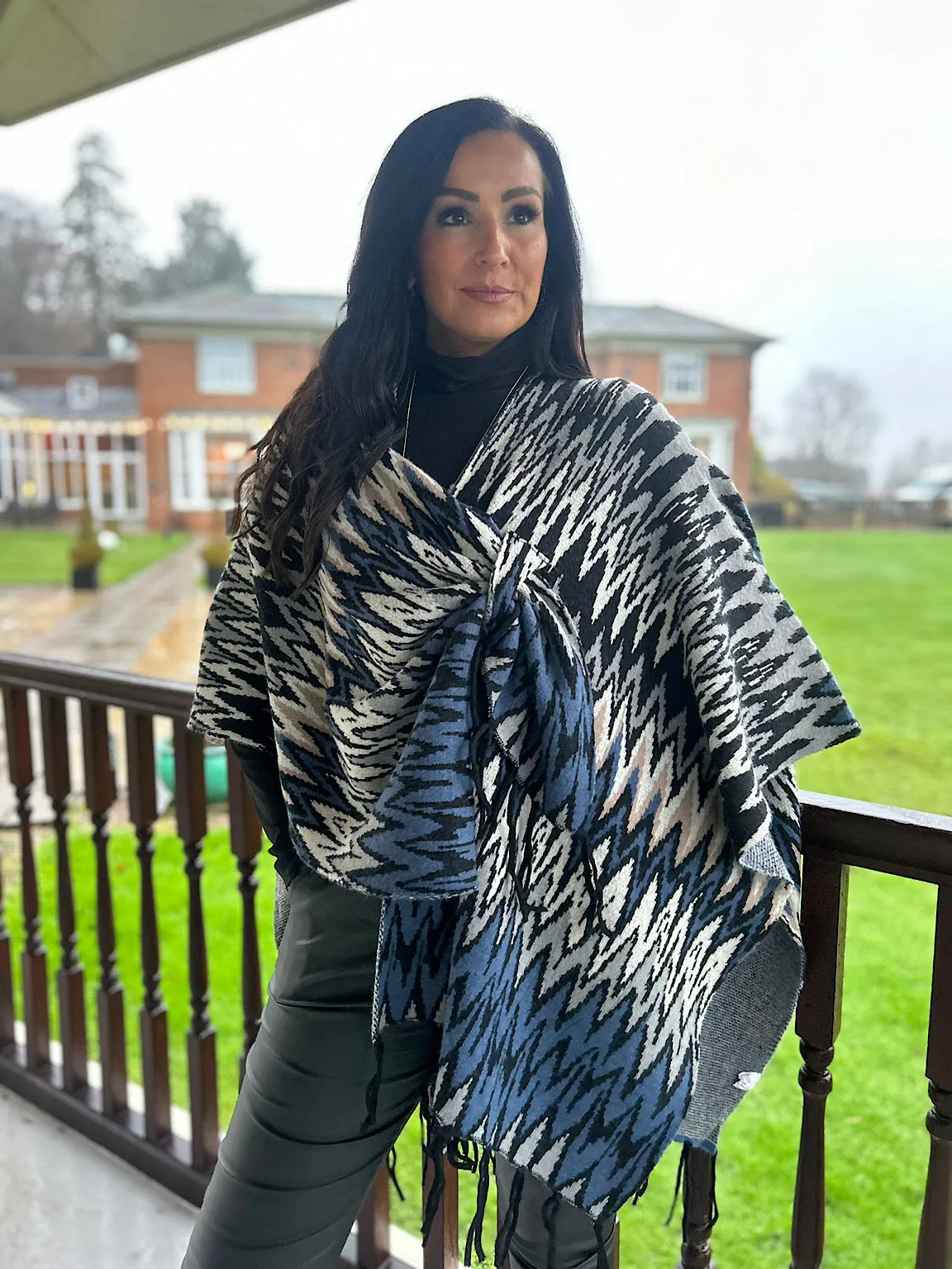 Denim Zig Zag Wrap Over Poncho Ruby