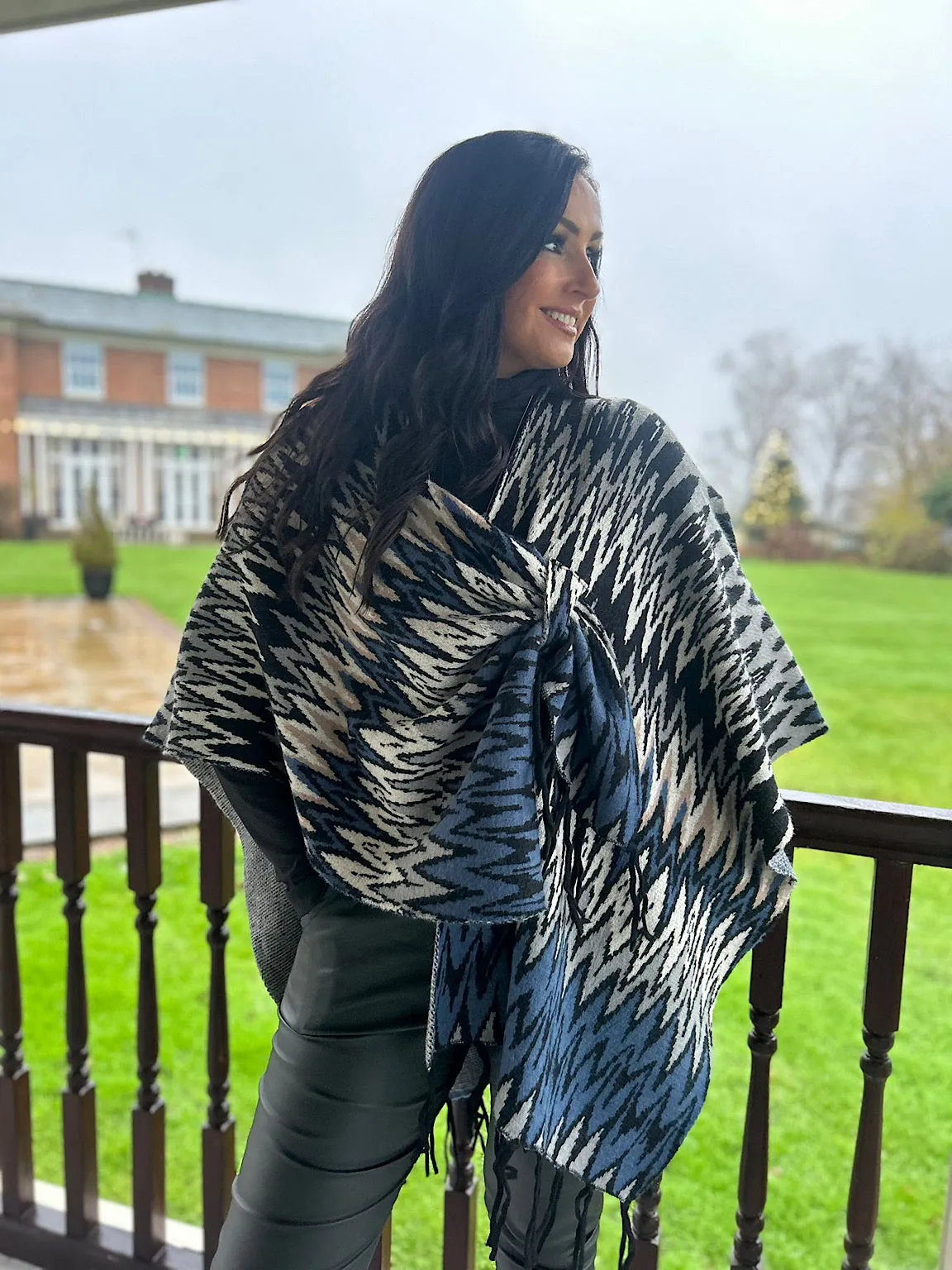 Denim Zig Zag Wrap Over Poncho Ruby