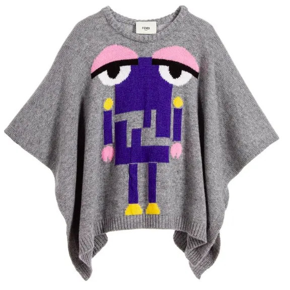 Fendi Grey Wool Poncho With Robot Motif: 6-8 Years