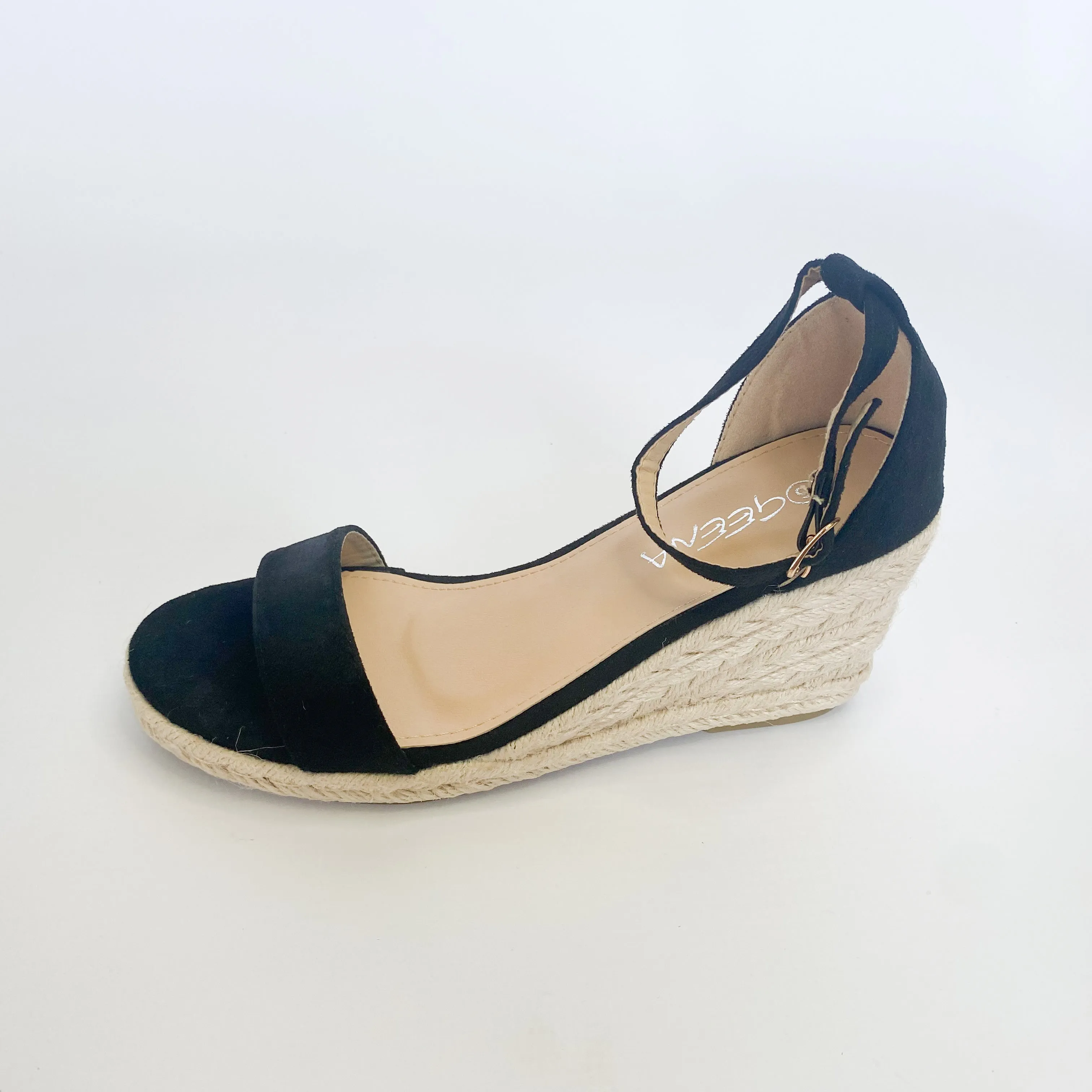 Geena black over the toe espadrille wedge