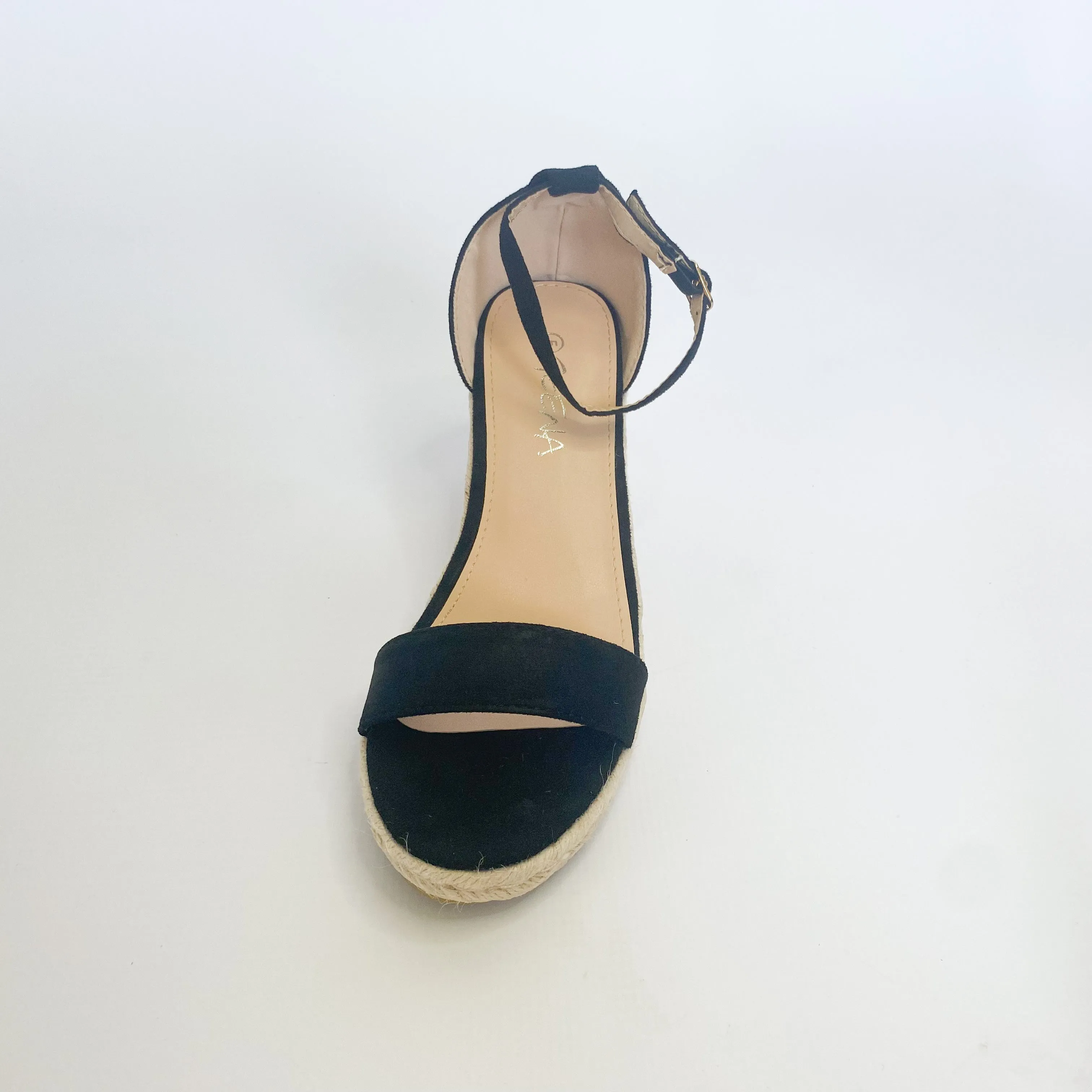 Geena black over the toe espadrille wedge