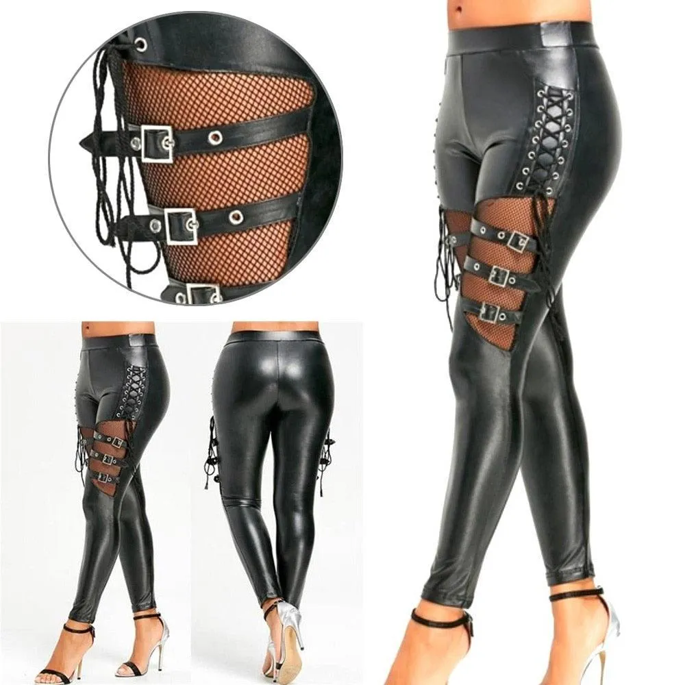 Gothic Punk Leggings with Fishnet Trim Lace - PU Leather Skinny Slim Trousers