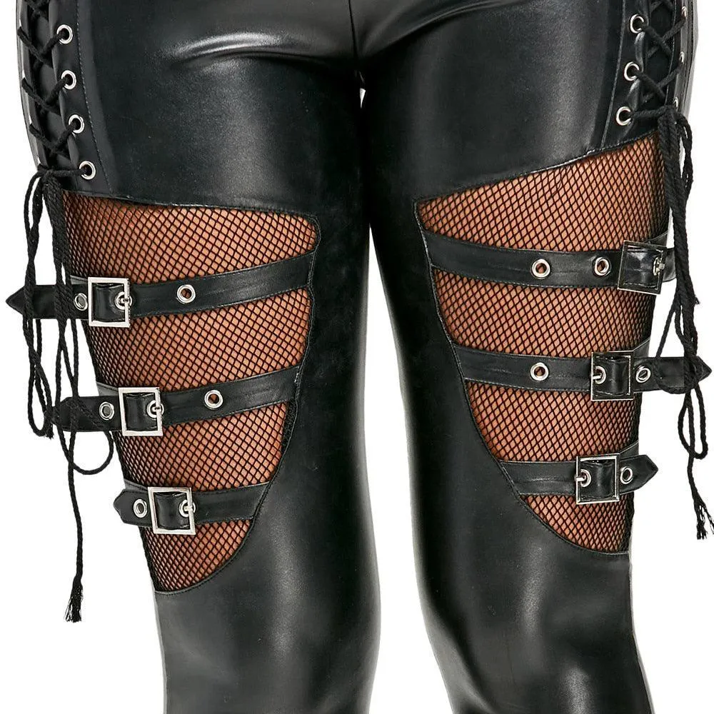 Gothic Punk Leggings with Fishnet Trim Lace - PU Leather Skinny Slim Trousers