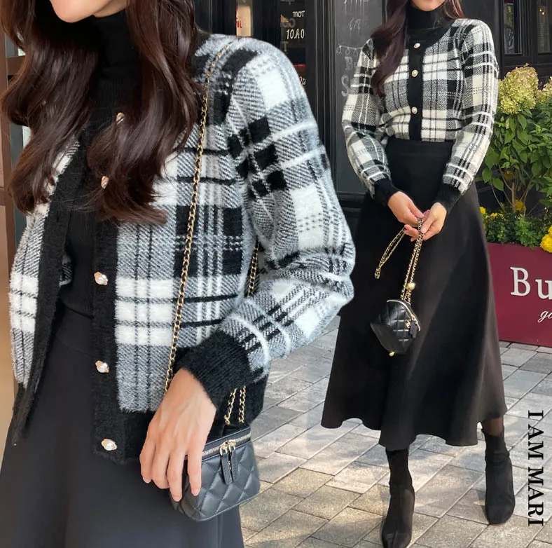 I AM MARI  |Other Plaid Patterns Long Sleeves Shearling Cardigans