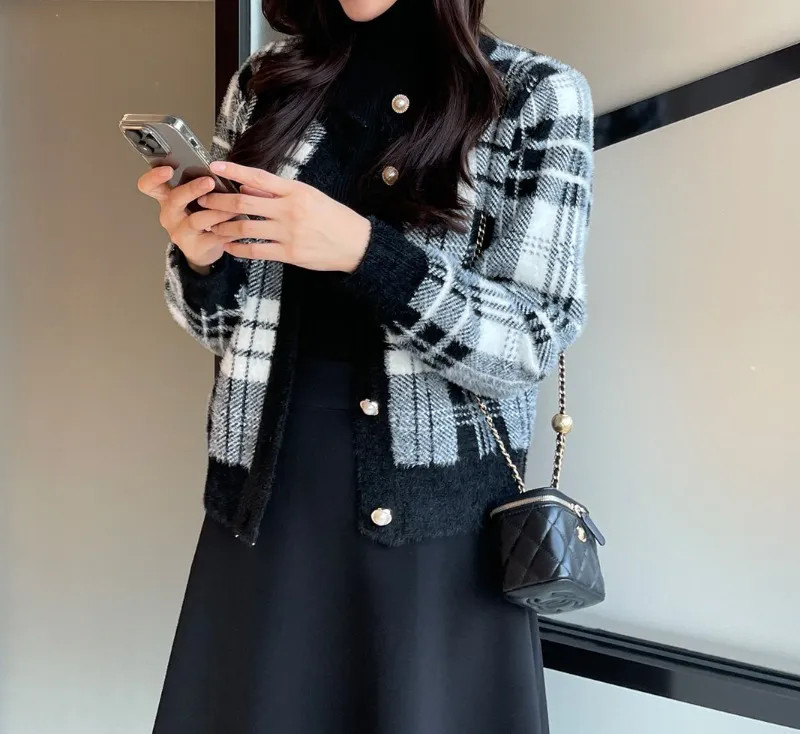 I AM MARI  |Other Plaid Patterns Long Sleeves Shearling Cardigans