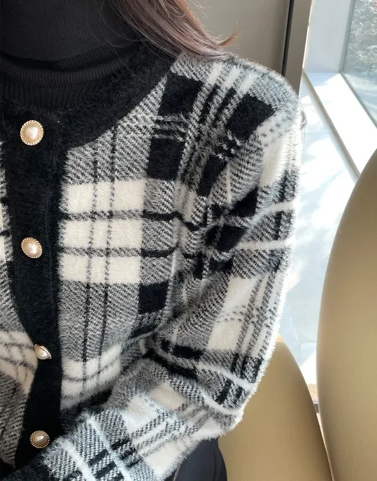 I AM MARI  |Other Plaid Patterns Long Sleeves Shearling Cardigans