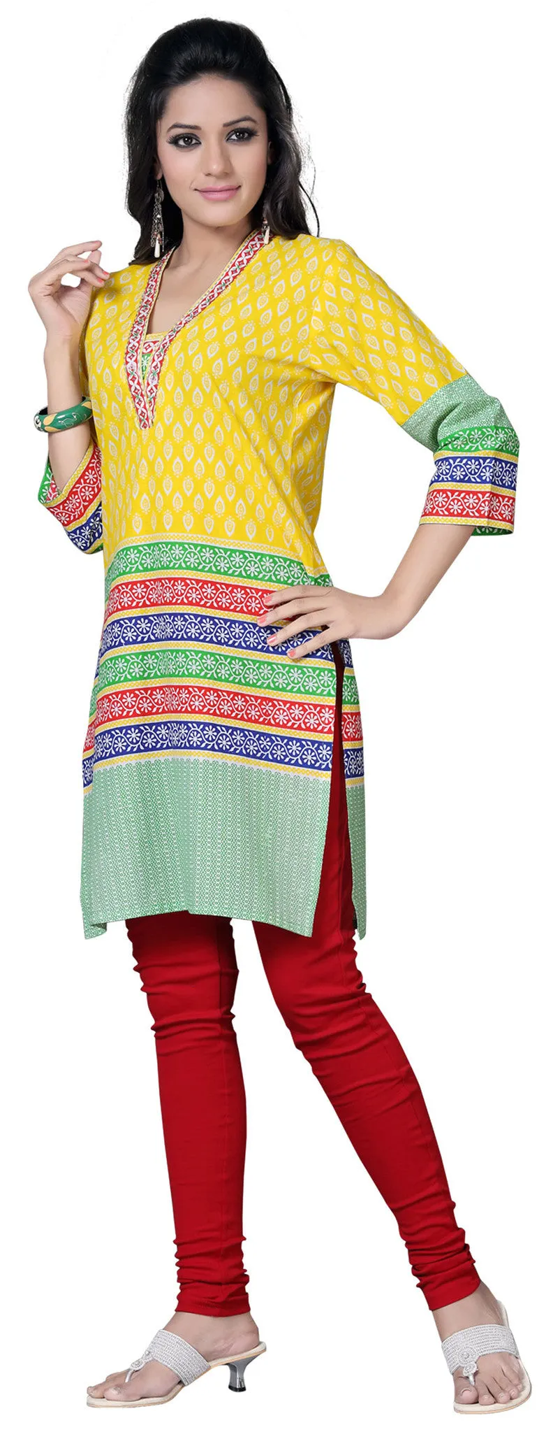 India Kurti Womens Embroidered Cotton Blouse Indian Apparel (Yellow)