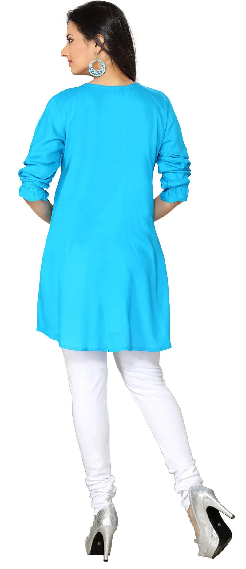 India Long Tunic Top Kurti Womens Rayon Indian Apparel (Blue)