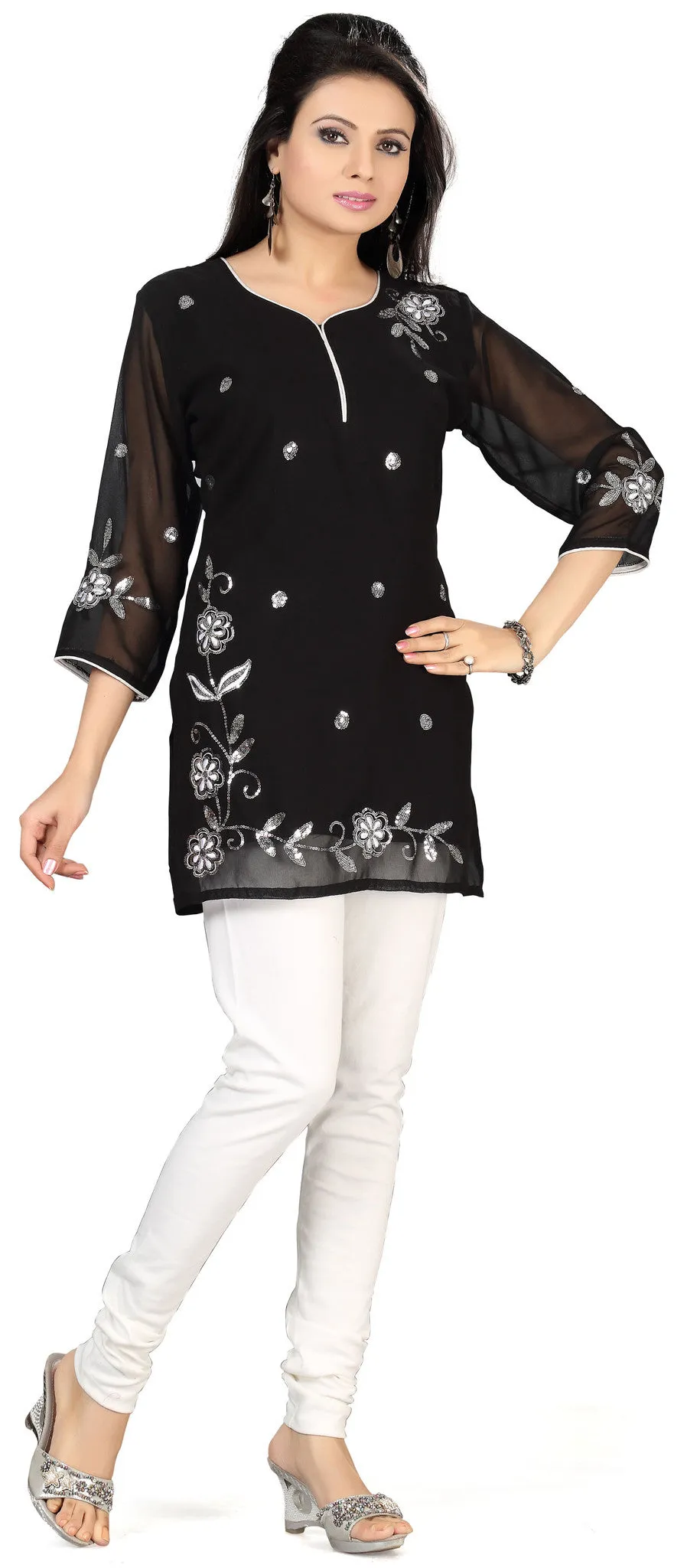 India Tunic Top Kurti Womens Sequins Blouse Indian Apparel (Black, M)