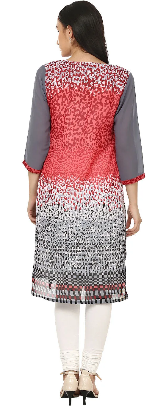 India Tunic Top Long Kurti Womens Georgette Printed Indian Clothing (Pink)