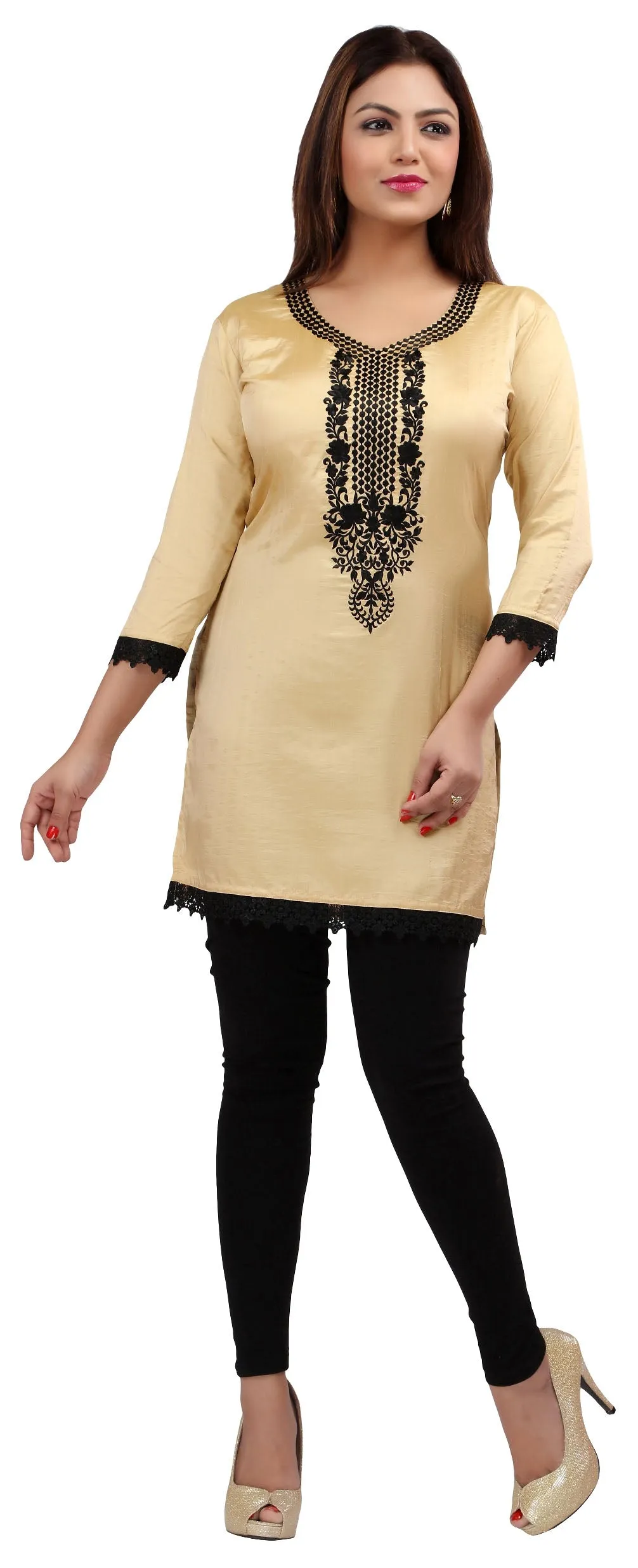 India Women's Tunic Top Kurti Embroidered Indian Clothing (Gold)