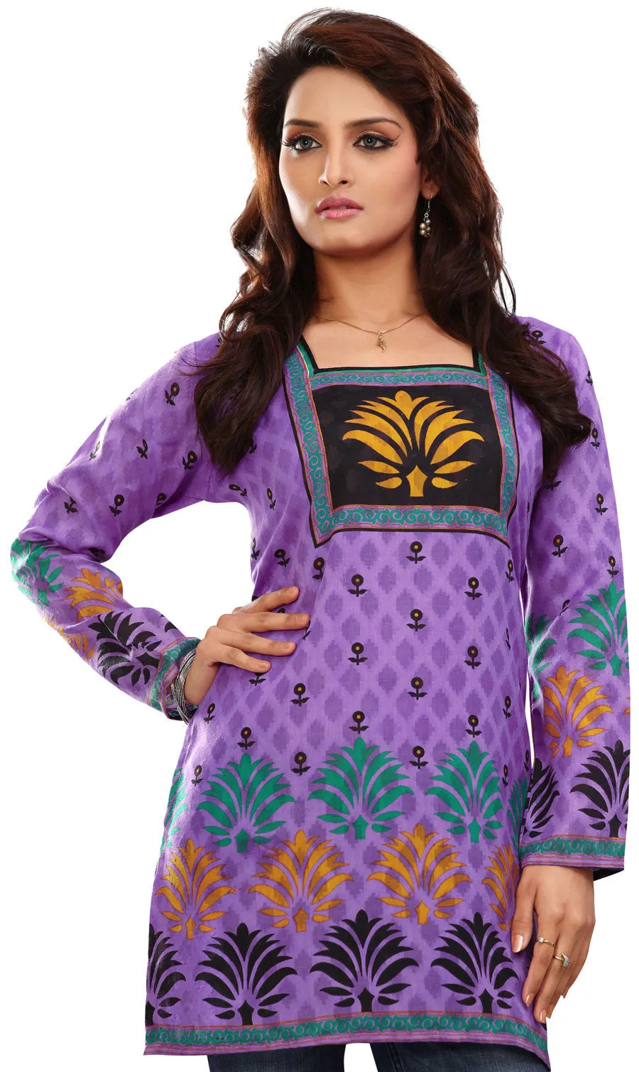 Indian Cotton Tunics Kurti Top Blouse Womens India Apparel (Purple)