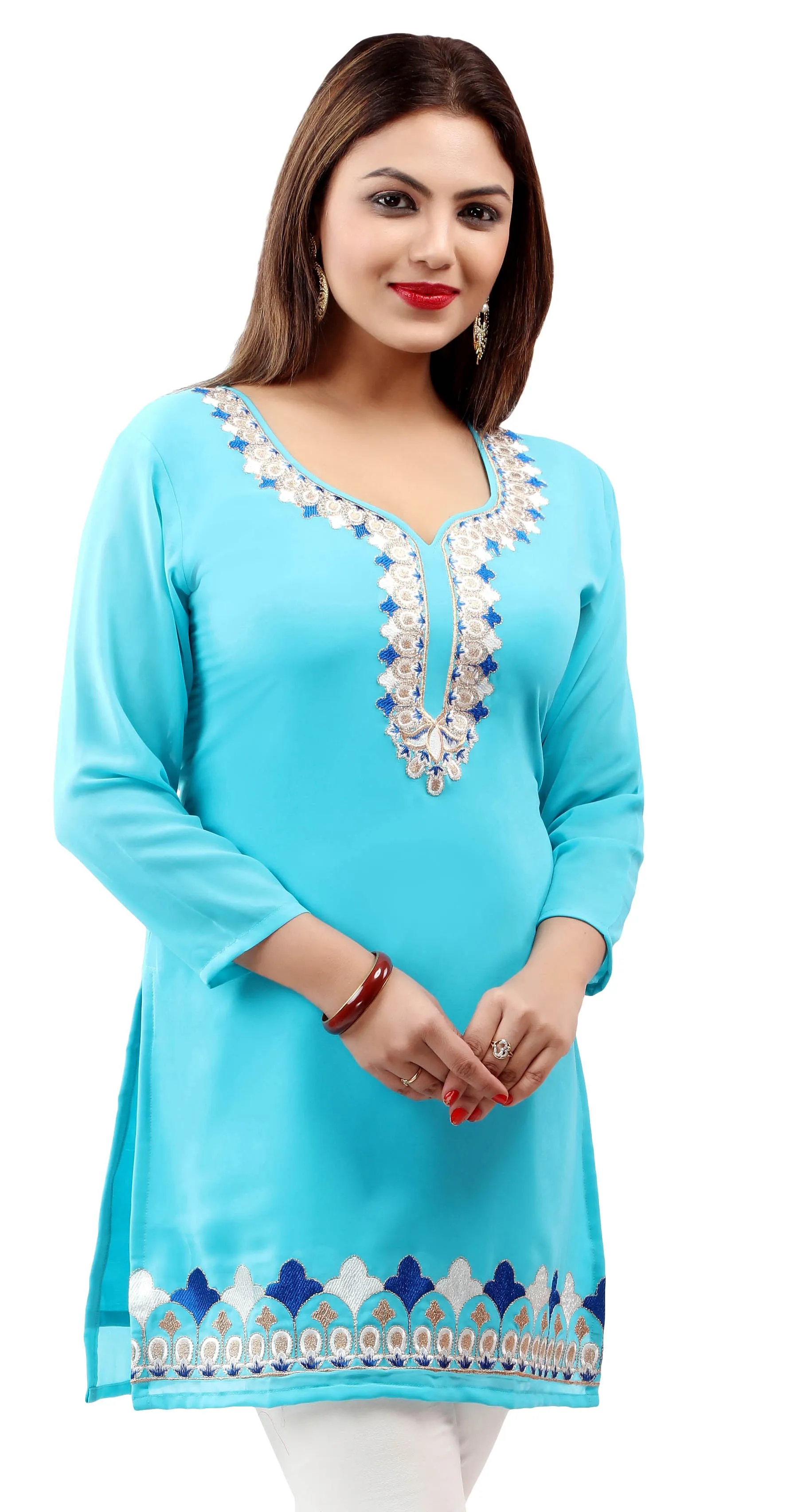 Indian Tunics Kurti Top Blouse Women's India Clothes ( Blue)