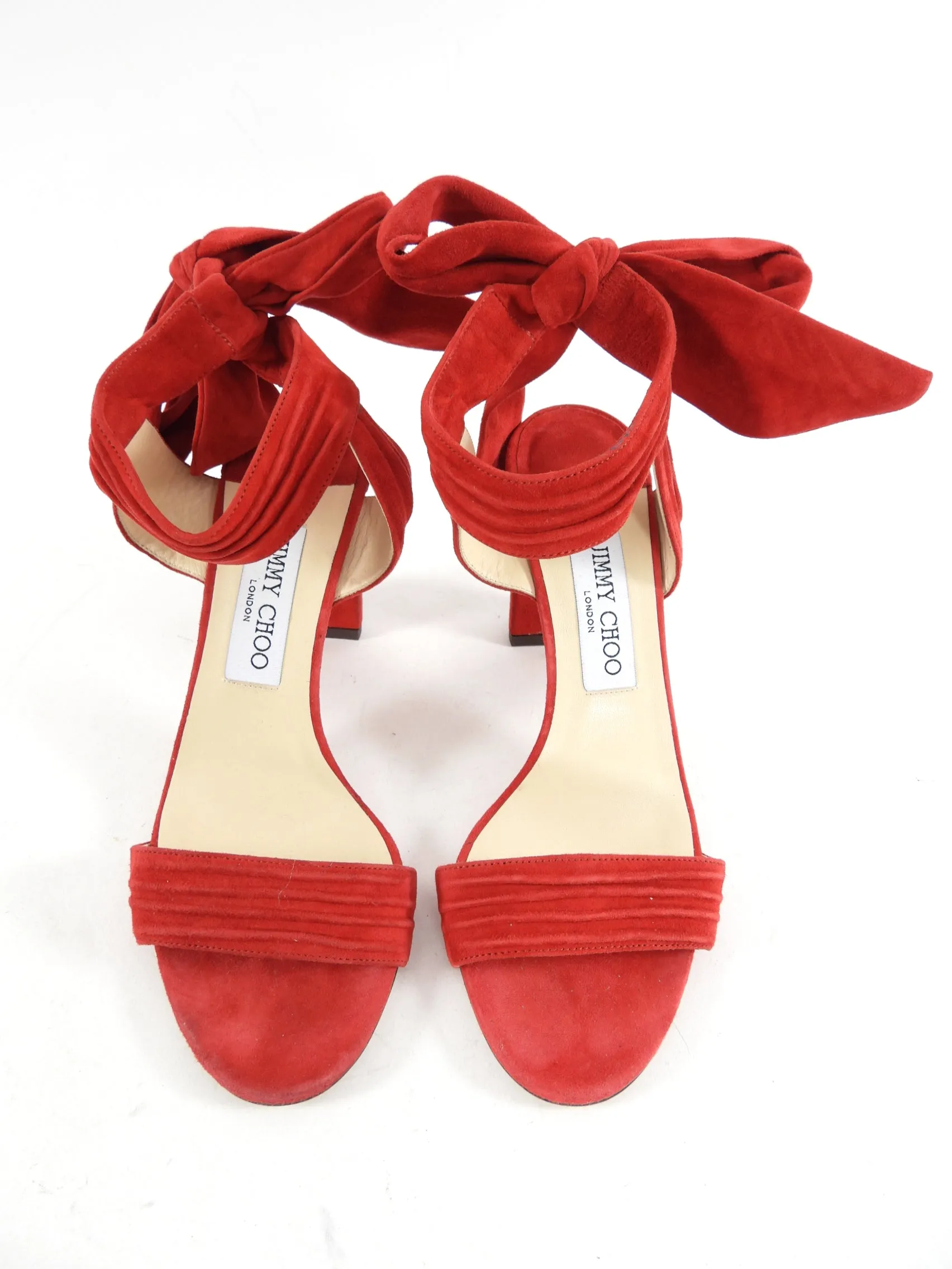 Jimmy Choo Red Suede Ankle Tie Heels - 38 (USA 7.5)