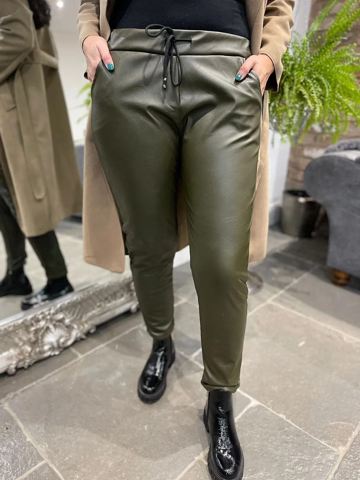 Khaki Faux Leather Trousers