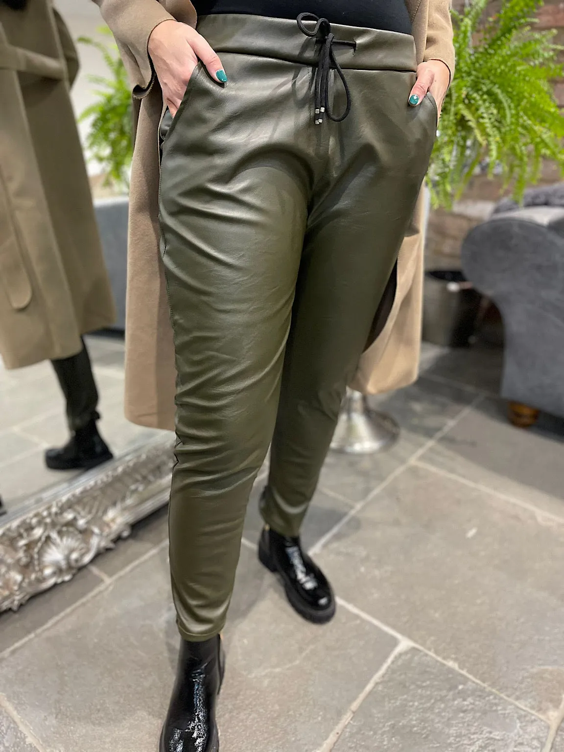 Khaki Faux Leather Trousers