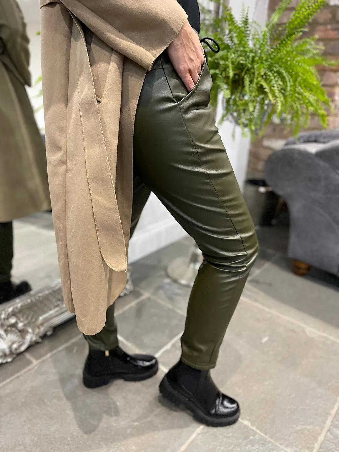 Khaki Faux Leather Trousers