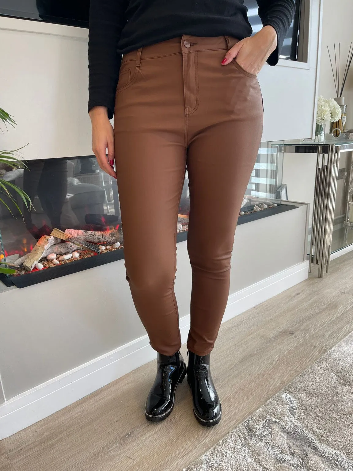 Leather Look Coated Trousers