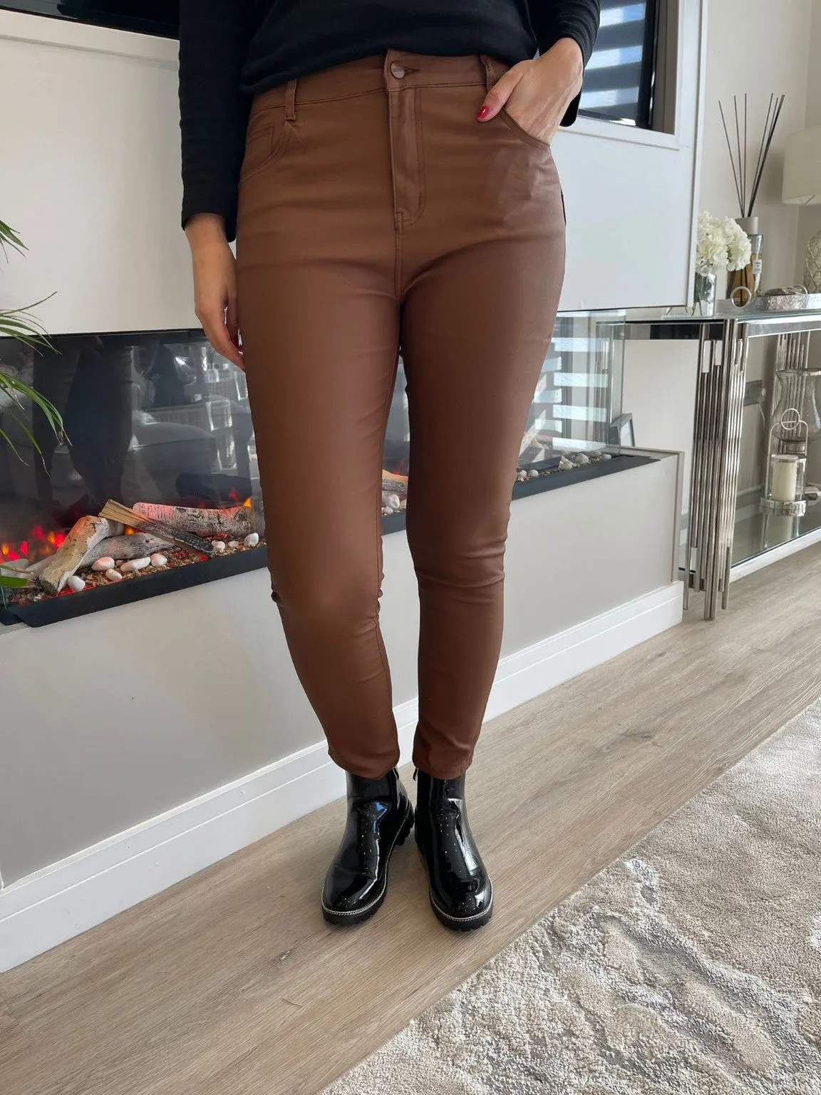 Leather Look Coated Trousers