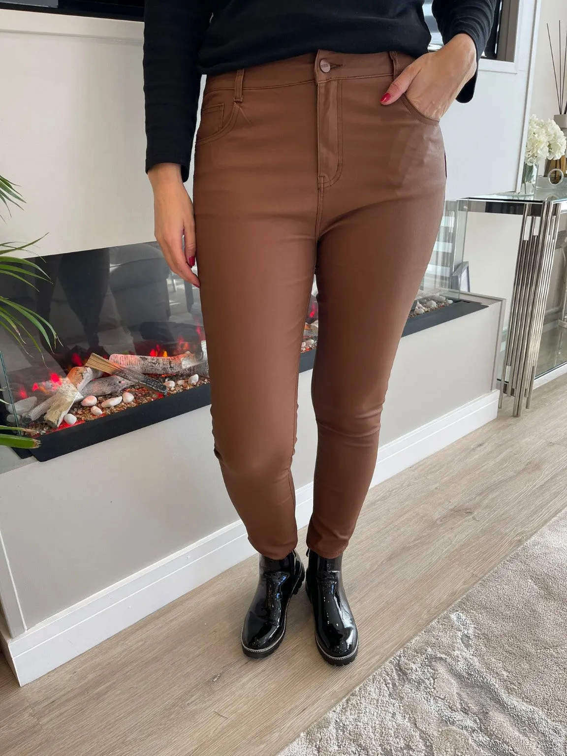 Leather Look Coated Trousers