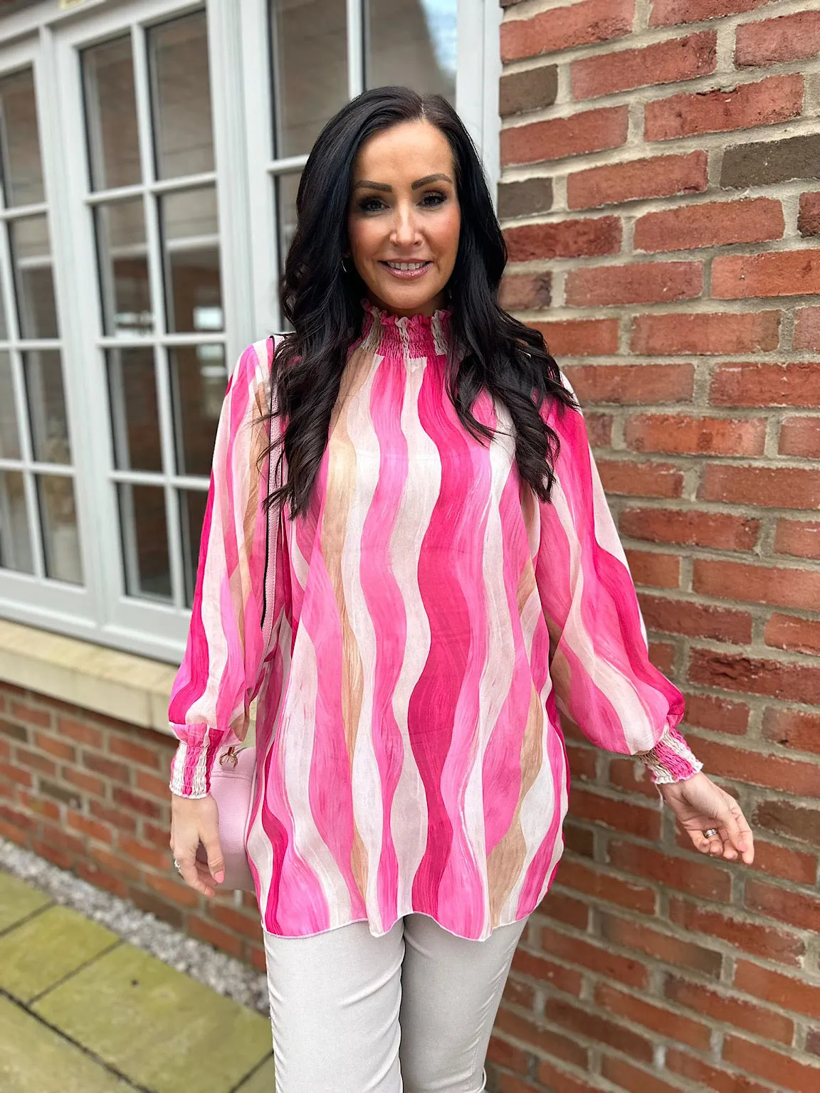 Lipstick High Neck Brushstroke Stripe Blouse Susan