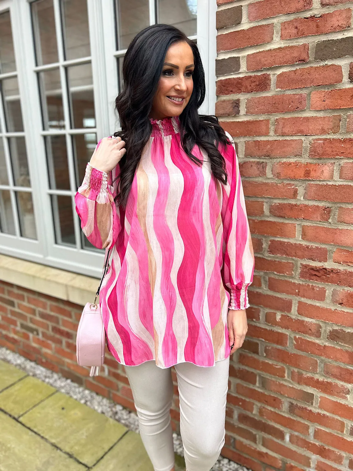 Lipstick High Neck Brushstroke Stripe Blouse Susan