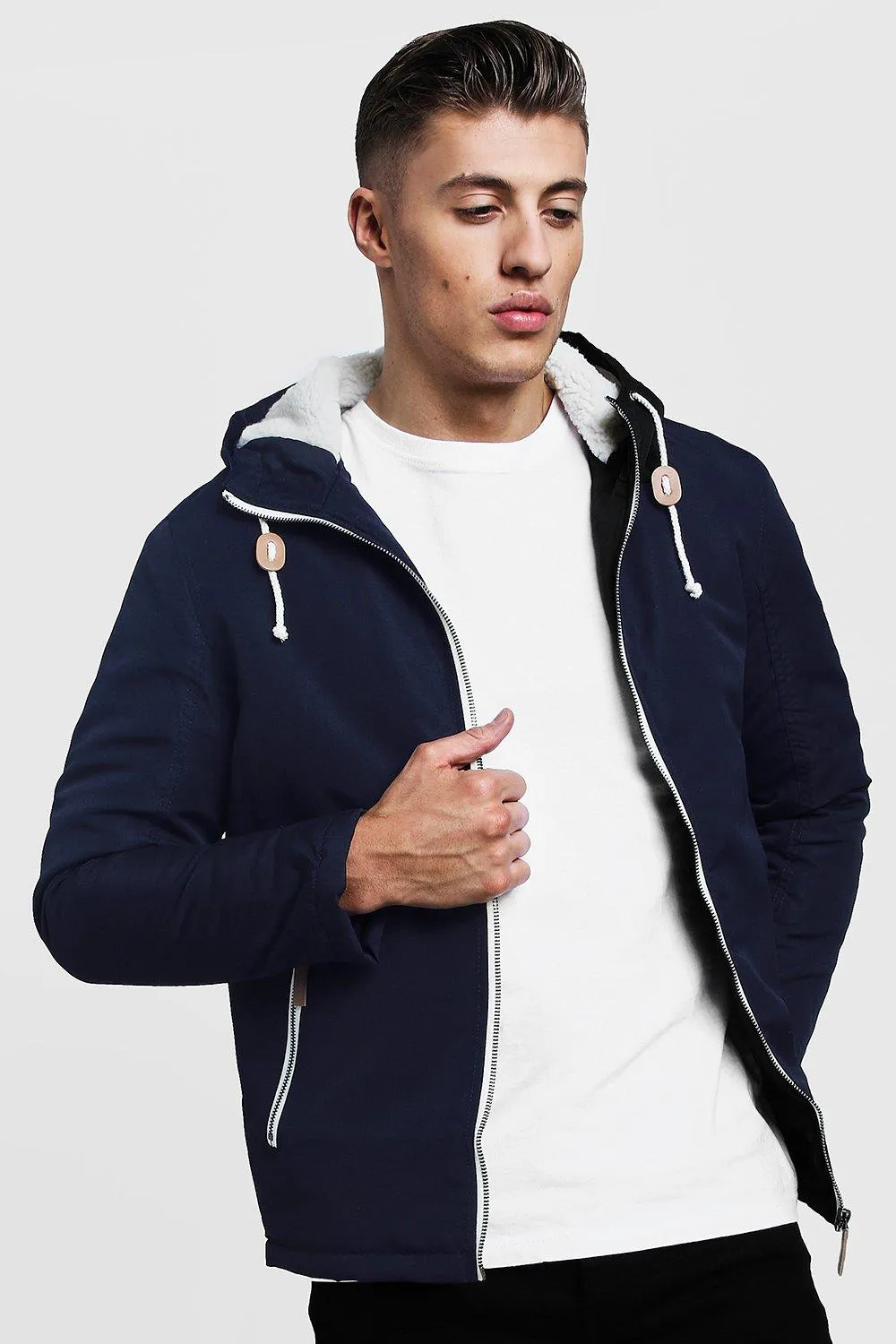 Navy Zip Through Jacket With Borg Lined Hood | boohooMAN UK