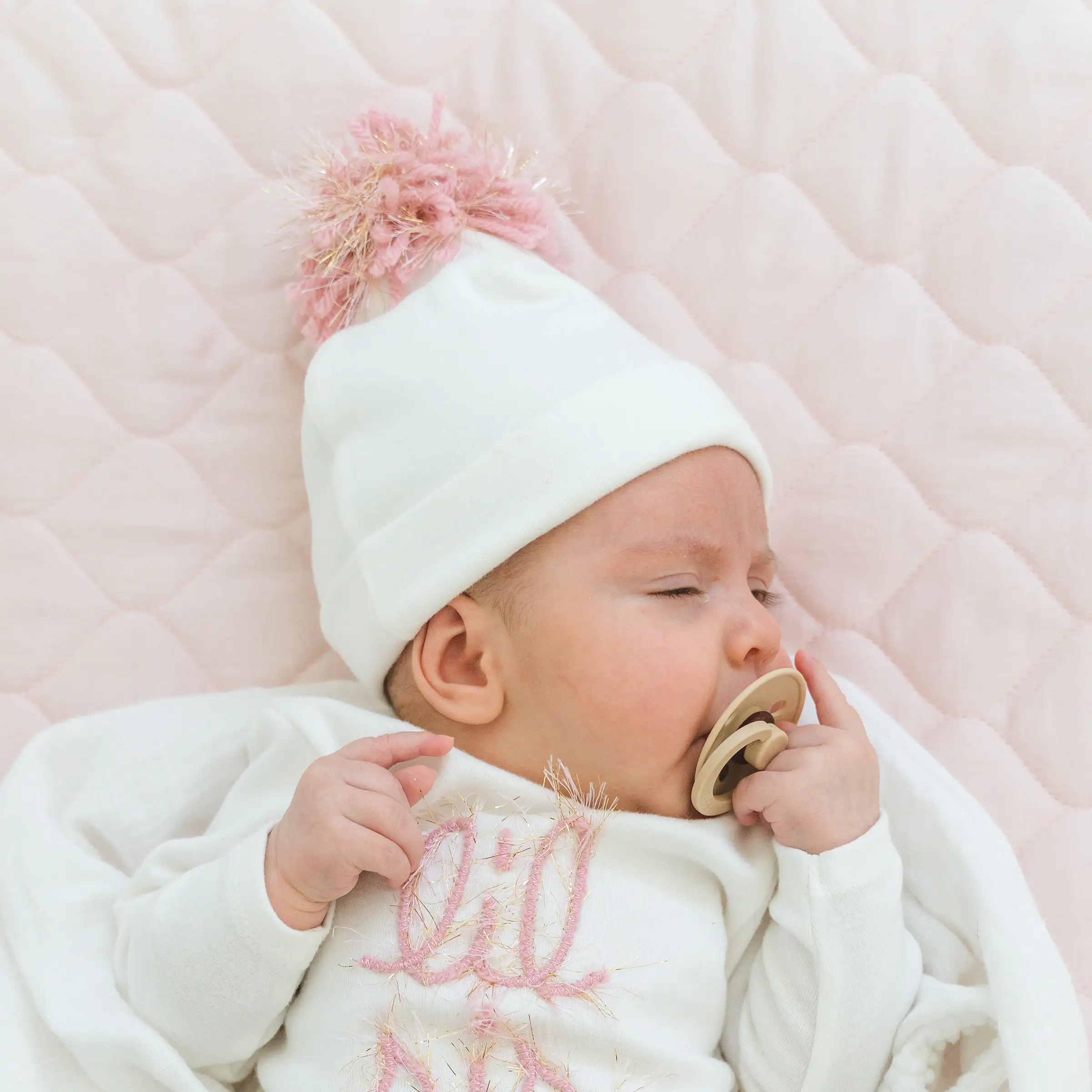 oh baby! Blush Pink/Gold Pom Hat - Cream