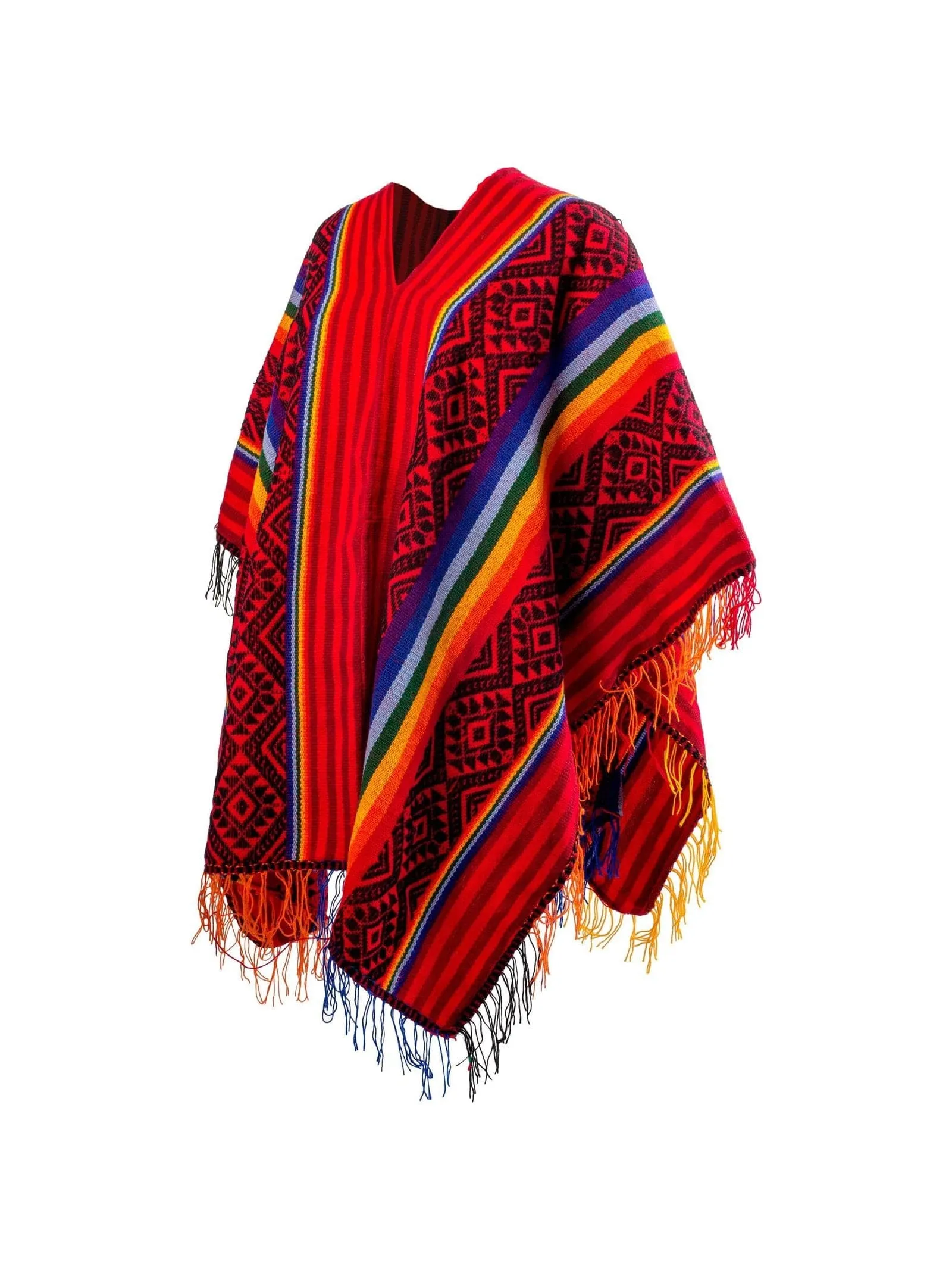 Peruvian Traditional Wool Blend Poncho - Red/Black/Rainbow