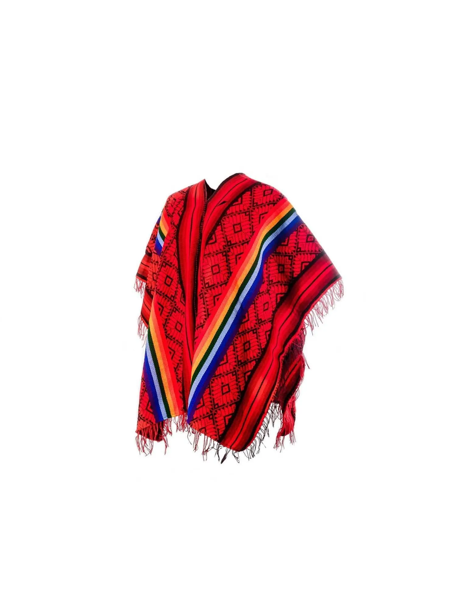 Peruvian Traditional Wool Blend Poncho - Red/Black/Rainbow