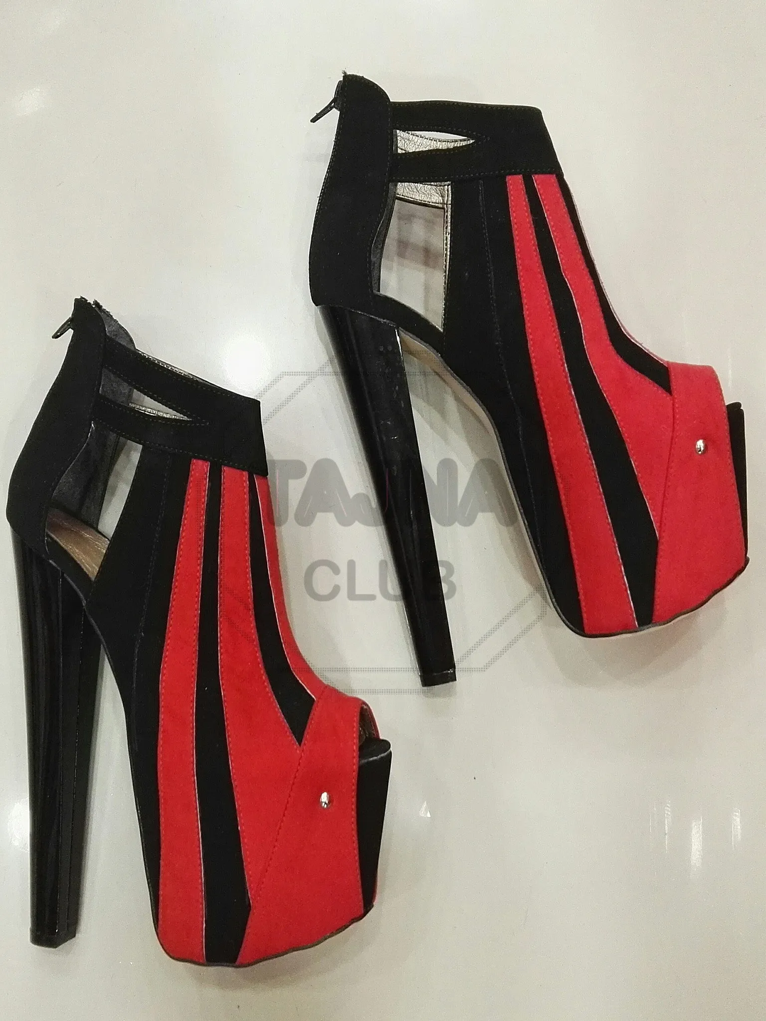 Red Black Stripe Suede Ankle Booties