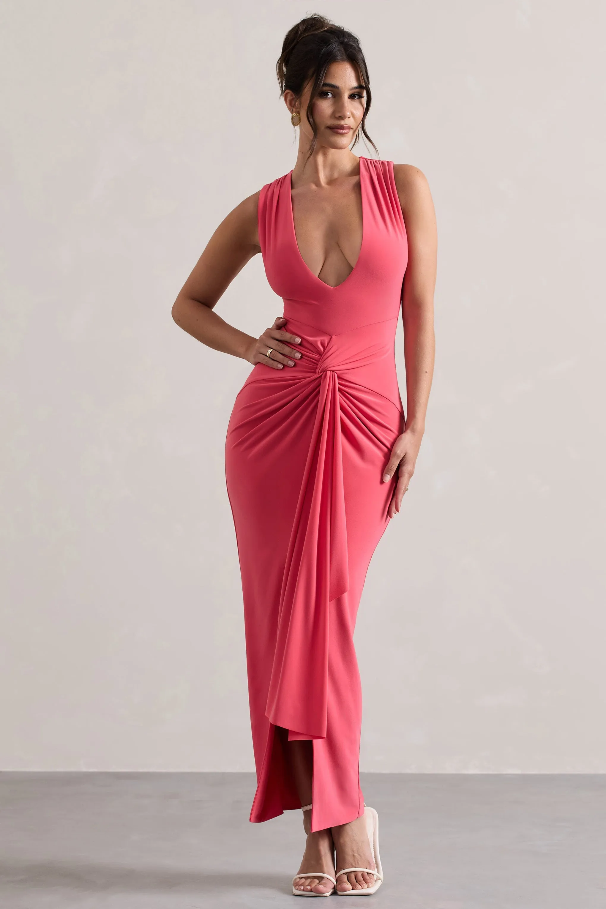 Santana | Coral Plunge-Neck Split Maxi Dress With Knot Detail