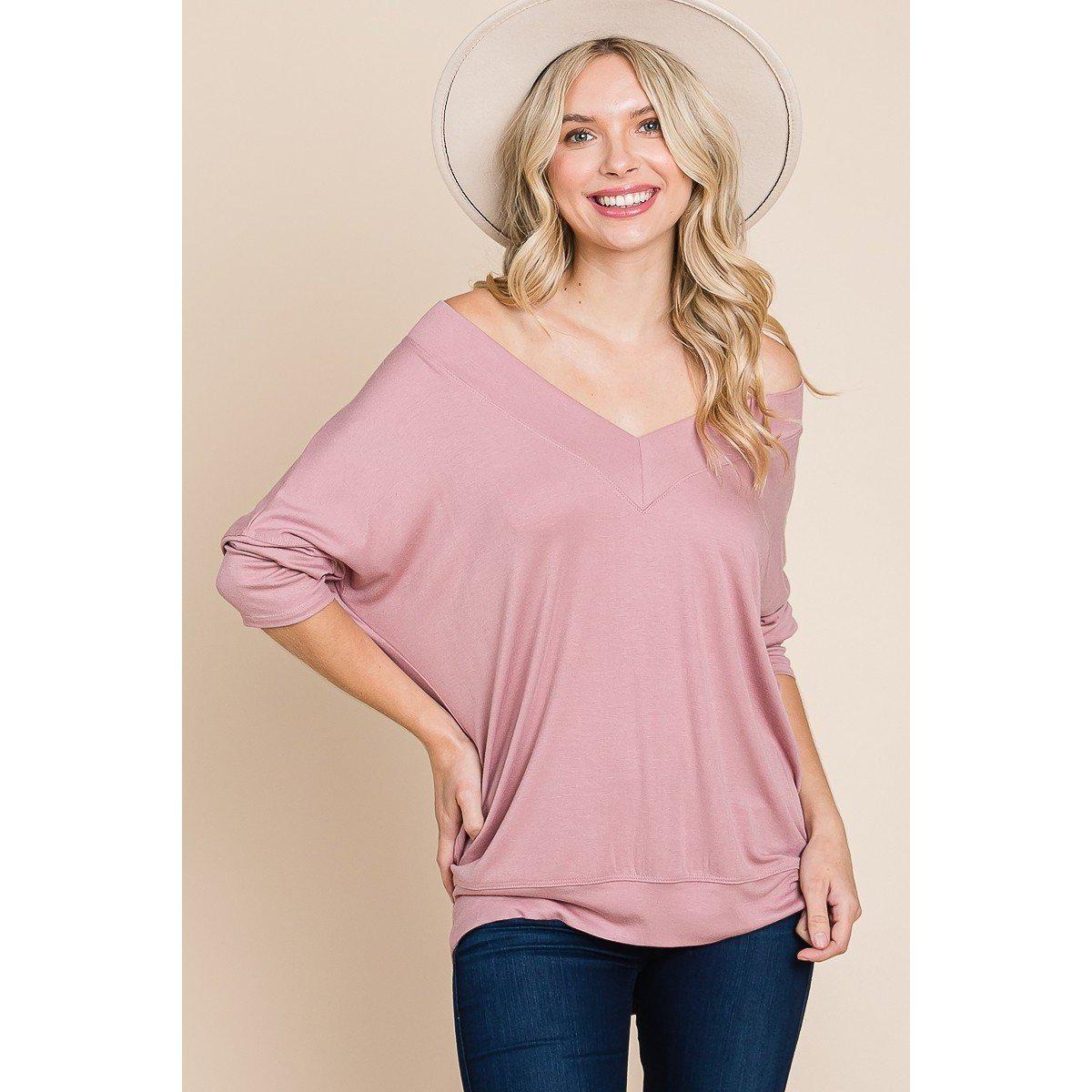 Solid Rib Modal Casual 3/4 Sleeves Dolman Sleeves Top