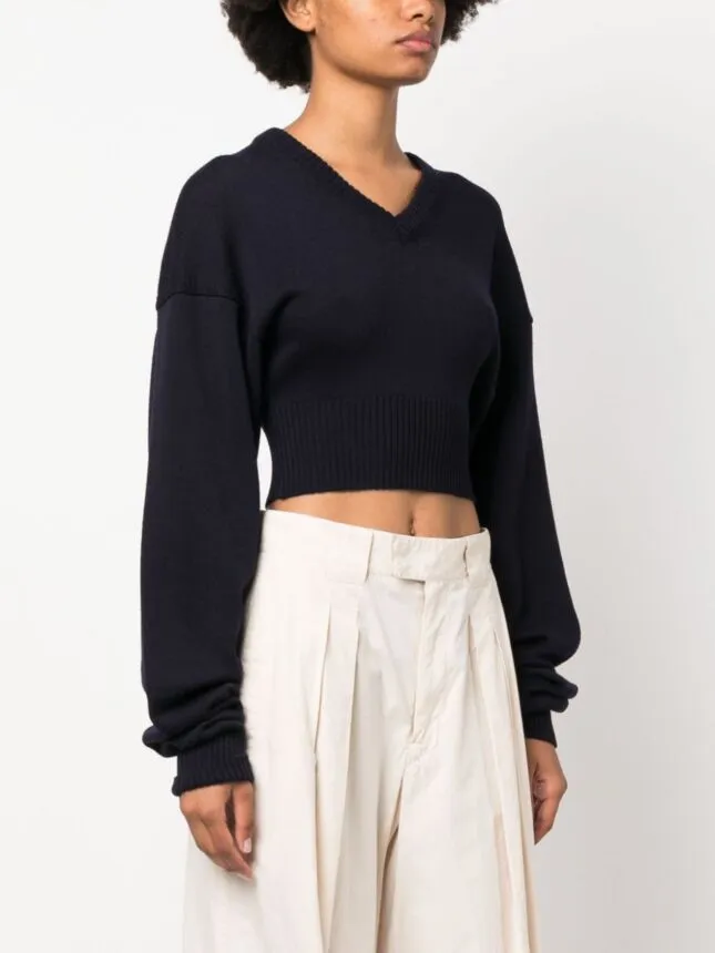 SPORT MAX  |Wool Rib V-Neck Long Sleeves Puff Sleeves Super-long Sleeves