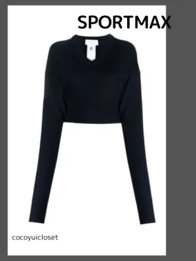 SPORT MAX  |Wool Rib V-Neck Long Sleeves Puff Sleeves Super-long Sleeves