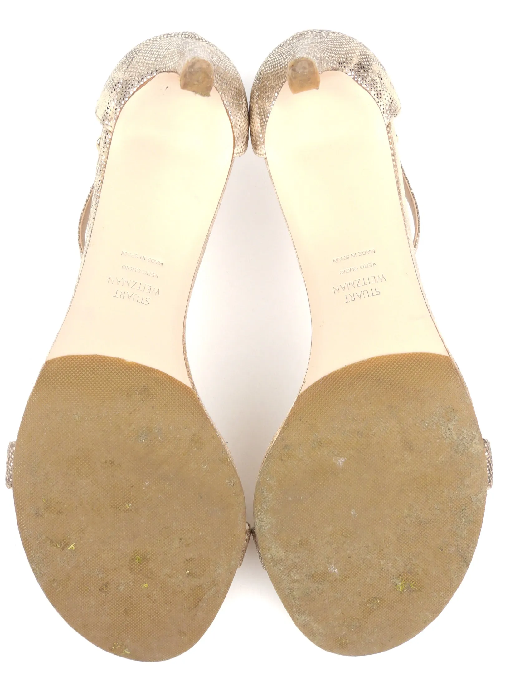 Stuart Weitzman Nearly Nude Desertros Metallic Suede Leather Stiletto Sandals - US 8.5