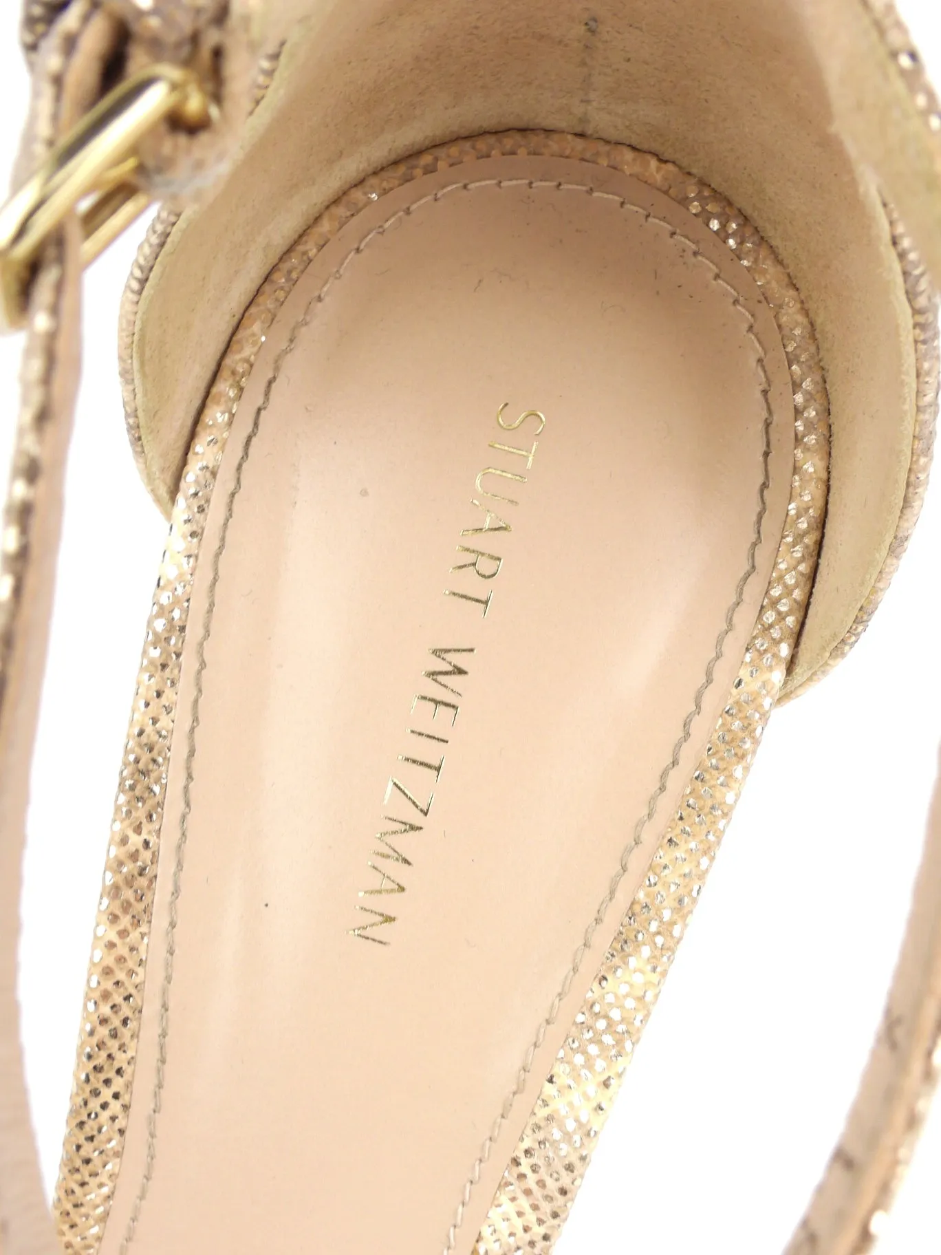 Stuart Weitzman Nearly Nude Desertros Metallic Suede Leather Stiletto Sandals - US 8.5