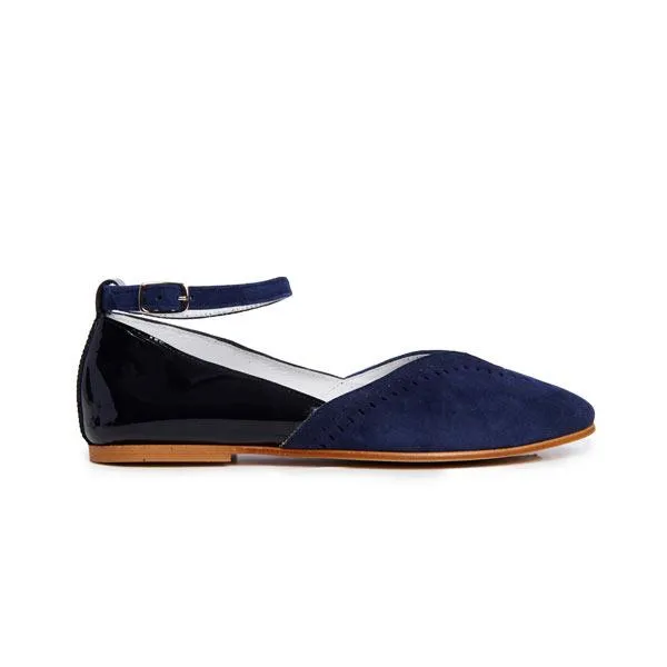 Suede and Patent Ankle Ballerinas in Navy